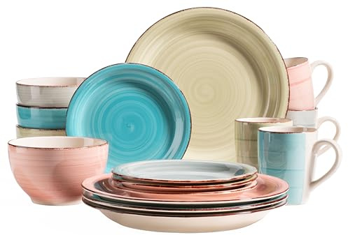 MÄSER 931604 16-teiliges Vintage Geschirr Set für 4 Personen, handbemaltes Keramik Kombiservice, Steingut, Grün/Rauchblau/Türkis/Rosa (Bel Tempo Ii)