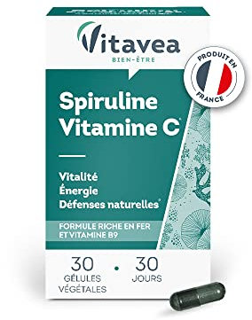 VITAVEA BIEN-ETRE - Spiruline Vitamine C Fer Vitamine B9 - Algue bleue Acide folique Acide ascorbique - Revitalisant Énergie Défenses naturelles - Fabriqué en France - 30 gélules végétales