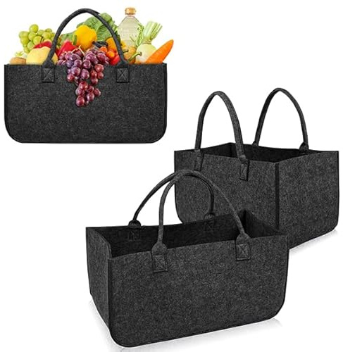 Aufun Lot de 2 sacs en feutre pour bois de cheminée - Pliable - Panier à bois de chauffage - Sacs en feutre - Pour bois de cheminée - Pour vêtements - 50 x 25 x 25 cm - Gris foncé