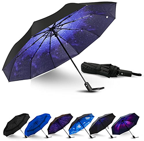 LLanxiry Compact Travel Umbrella, Automatic Open/Close Windproof Umbrella, 10 Fiberglass Ribs, 210T Pongee, UPF 50+ Sun/Rain, Lightweight Portable Umbrellas Travel Size with Carry Sleeve