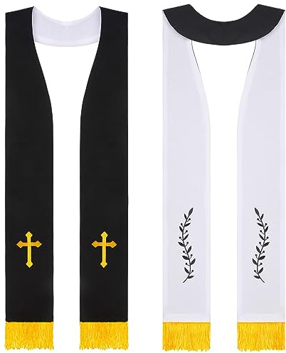 Panitay Embroidered Wedding Reversible Stole with Tassels Clergy Mass Stole with Cross Wedding Pastor Shawl(Black and White,Trendy)
