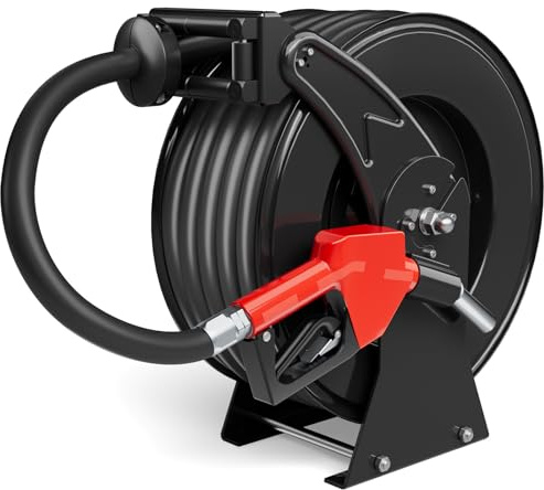 Fuel Hose Reel 3/4 x 50FT Retractable Diesel Hose Reel 300PSI Ratchet Spring Driven Hose Holder Reel Heavy Duty Industrial Steel with Fueling Nozzle for Aircraft Tank Truck Trailer Ship, Black