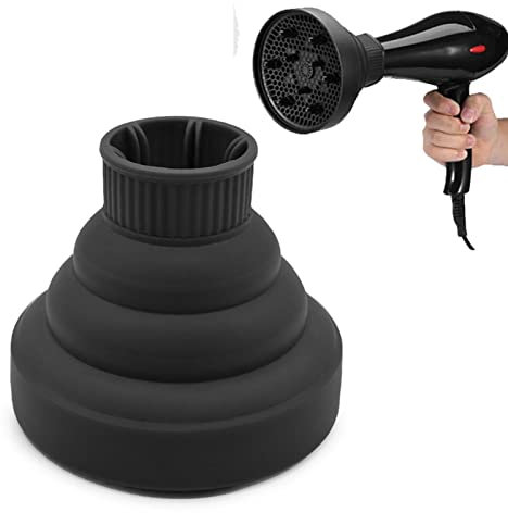 Silicone Collapsible Hair Dryer Diffuser, Professional Blow Dryer Diffuser, Hair Dryer Diffuser Attachment for Curly and Natural Wavy Hair, Travel Portable Folding Hair Dryer Attachment (Black)