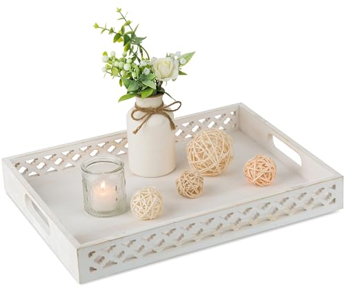 Hanobe Serviertablett Holztablett Deko Tablett: Rechteckig Bauernhaus Dekotablett Holz Weiß mit Henkel Weiss Kerzentablett für Couchtisch Teelicht Küche Tisch