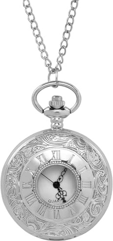 Vicloon Orologio da Tasca, Orologio da Taschino Vintage con Numeri Romani, Orologio al Quarzo da Tasca con Catena, Collana di Orologio da Taschino per Uomo Donna Regalo di Festa del Papà (Argento)
