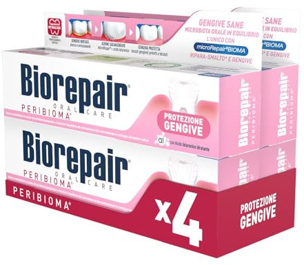 Biorepair, Dentifricio PERIBIOMA Protezione Gengive, Combatte Sanguinamento, Alitosi e Infiammazioni Gengivali, Riequilibra il Microbiota Orale, Con Acido Ialuronico, MicroRepairBIOMA e Probiotici, Senza Fluoro e Parabeni, 4x60ml