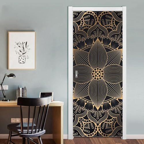 3D Türtapete Selbstklebend Schwarzes Kapuzinerkresse-Muster 95 X 215 Cm Diy Wandbild Pvc Wasserdicht Pvc Türtattoos Türposter Türaufkleber Fototapete Türfolie Für Tür,Wohnzimmer,Schlafzimmer