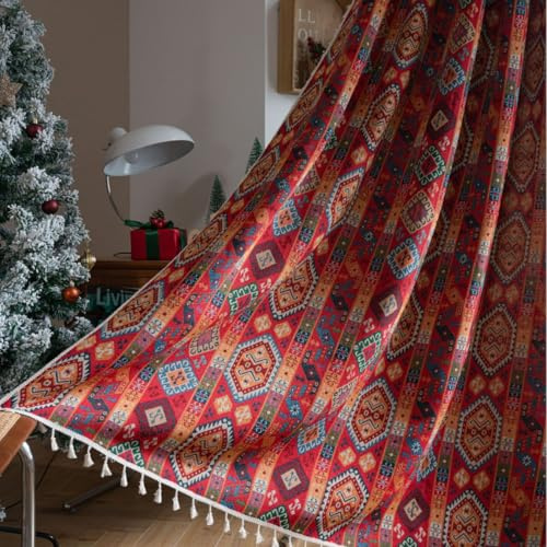 USTIDE Roter Ethno-Boho-Vintage bunter Abzeichen-Muster Makramee Azteken-Verdunkelungsvorhang, 1 Panel, 150 x 160 cm
