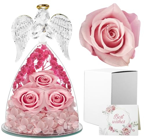 Cynrikah Ewige Rose Engel Geschenke für Frauen, Engel Figuren Geschenke für Mama Engelfigur Ewige Rose im Glas Geburtstagsgeschenk für Frauen Mutter Schwester Oma Tochter(Rosa)