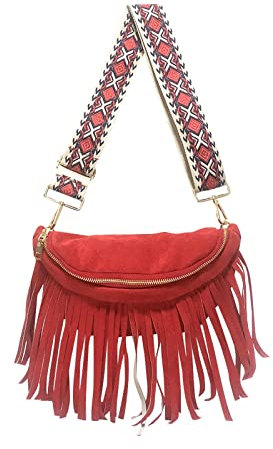 Bauchtasche für Damen, Umhängetasche, mit Fransen, Retro, Brusttasche, große Kapazität, Sport, Damen, Kuriertasche, für Reisen, Sport, leicht, faltbar, verstellbarer Gurt, rot, One size