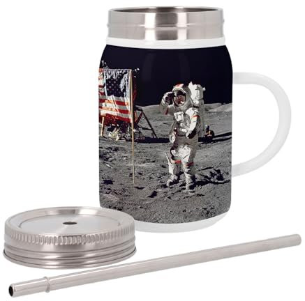 Mug Isotherme en Inox avec Couvercle et Paille - Premier Pas De L Homme Sur La Lune Drapeau Americain Nasa Espace - 500 ml - Tasse Thermo