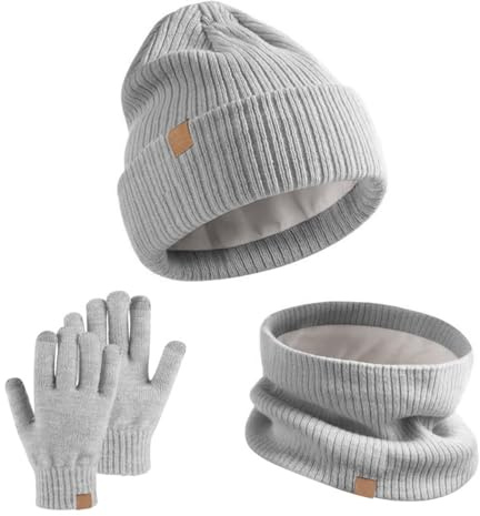 GWAWG Juego de gorro, bufanda y guantes de invierno para niños, 3 piezas, cálidos gorros de punto térmico, cuello cálido, guantes de pantalla táctil, forro interior de forro polar suave, elástico para