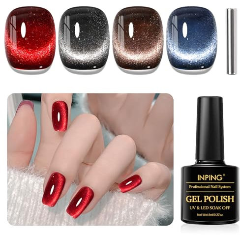 INPING Esmaltes Semipermanentes Para Uñas, 4 Colore Rojo Negro Marrón Azul Cat Eye Pintauñas Semipermanentes con imán, Pintauñas Gel Soak Off UV LED Apto Para Principiantes Manicura, 8 ML