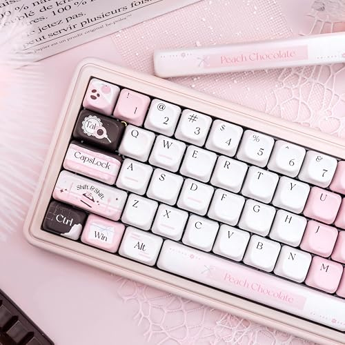 COOMICKEY PBT Keycaps Peach Chocolate Pink White 130 Keys MX Switch Key Cap | FOA Profile, Dye Sublimation Legends, Custom Keycaps, 60%-100% Layouts, ANSI/ISO Support, Desk Setup, Office Work, Gaming Use