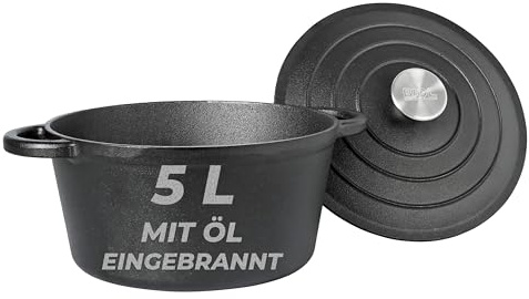 BIOL Casserole en fonte avec couvercle Ø 25 cm 5 l pour cuisine, cuisson, braisage, rôti, effet antiadhésif, convient à tous les types de feux, pour feu ouvert, cocotte ronde, nettoyage facile