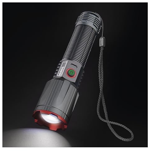 EMOS - LED-Metall-Taschenlampe mit Akku, Boost-Funktion, Powerbank und Zoom - wiederaufladbar, stoßbeständig, wasserdicht - superhell 3000lm, 300m - Handschlaufe - für Innen und Außen - schwarz-grau