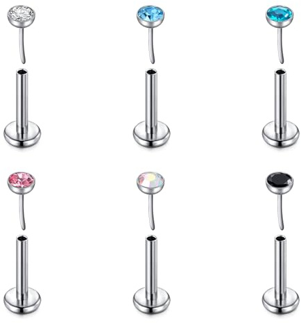 FECTAS Pendientes de Titanio sin Rosca Studs G23 Piercing de Nariz Parte Trasera Plana Hipoalergénicos Grado de Implante Hélice Tragus Labret Labio Daith Flatback Joyería de Piercing 16G 18G 20G 6