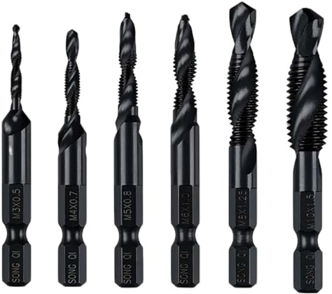 Lumi Zenva Lot de 6 forets et tarauds combinés Outils de taraudage Tailles M3 x 0,5 M4 x 0,7 M5 x 0,8 Taraud M6 x 1,0 M8 x 1,25 M10 x 1,5 Kit Taraudage avec Revêtement Noir Antirouille Tige Hexagonale