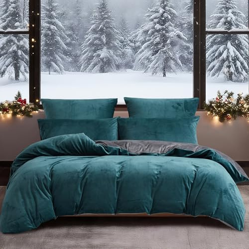 YASMENG Housse de Couette Flanelle 240x260 Hiver Chaude Pétrole Gris Polaire Parure de Lit Flanelle Doux Douillet Duveteux Linge de Lit 2 Personne avec Fermeture Éclair et Taies d'oreiller 65x65 cm