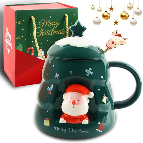 QIANAI Taza Navideña, Tazade Cerámica Navideña Papá Noel, TazaNavidad Tapa y Varilla Agitadora, TazaDesayuno, TazaOffice, Tazas Originales para Regalar, Regalos Originales para Amigos (Verde)