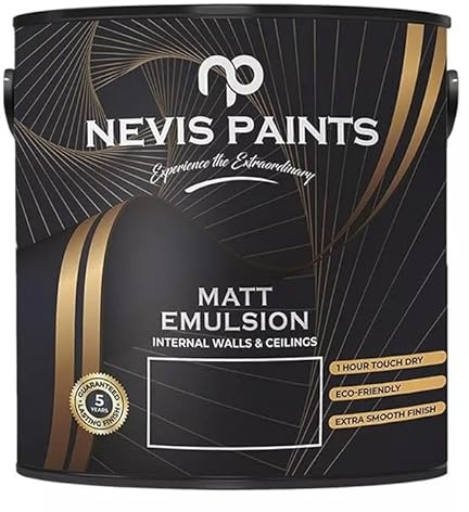 Nevis Paints Matt Emulsion Paint, Brilliant White, Internal Walls & Ceilings, 1-Hour Touch Dry, Extra Smooth Finish, 30m² Coverage - 2.5L