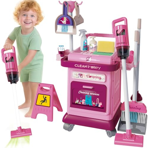 BAKAJI Playset Carrello per Pulizie da Bambini con Tantissimi Accessori Realistici, Giocattolo Educativo con Carrellino e Utensili per Pulizia, Giochi di Imitazione per Ragazzi, Idea Regalo (Rosa)