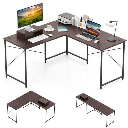 GYMAX Escritorio en Esquina con Estación de Carga, Escritorio en Forma de L con Soporte de Monitor Desmontable, 2 Combinaciones, Mesa para Juegos para Oficina en Casa, Dormitorio (Marrón)