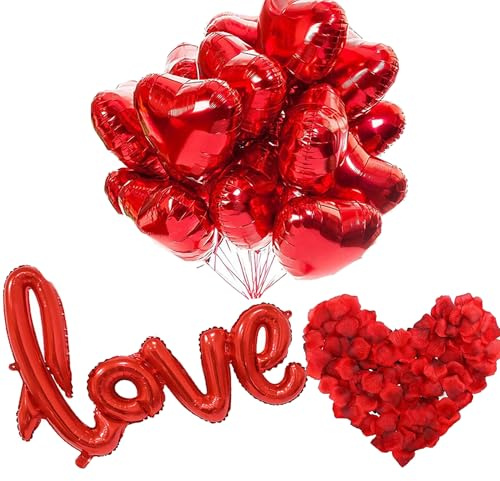 30 Stück Herz Luftballons Rot, 1 Stück LOVE Folienballon, 1000 Rosenblätter, Valentinstag Luftballons Herz Helium Folienballons Rot Valentinstag Deko Herzluftballons