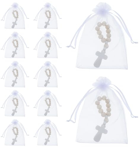 KOMBIUDA 40 Stück Rosenkranzarmbänder Perlen mit Kruzifix Kleiner Kreuzrosenkranz mit Organzasäckchen Segensschmuck zur Taufe Babyparty Erstkommunion