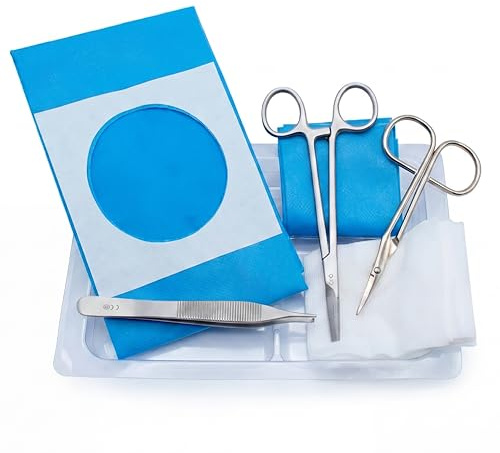 KMINA Kit de Sutura Estéril con Estuche, Tijera y Pinza Adson | Set desechable de un solo uso para curas en heridas, incluye campo fenestrado adhesivo