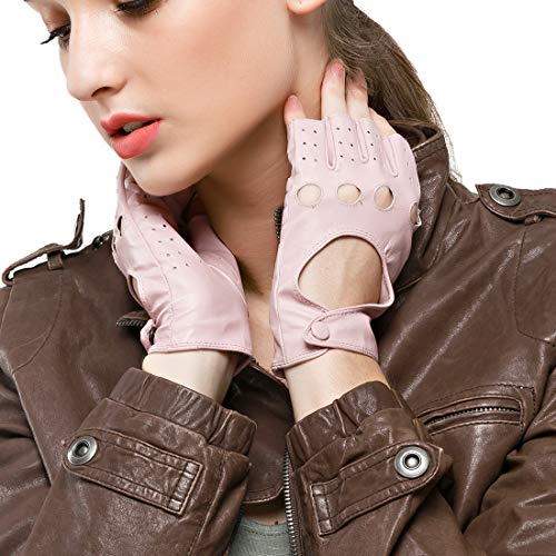 Nappaglo Damen klassisch Halbfinger Lederhandschuhe für fahren Fingerlose Lammfell Fitness Outdoor ungefüttert Handschuhe
