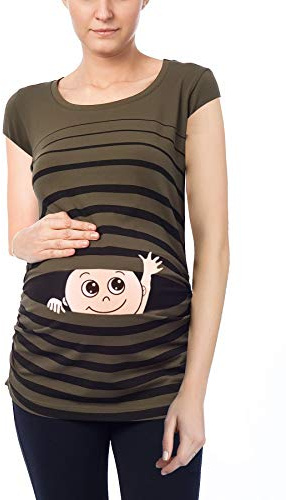 M.M.C. Winke Winke Baby – rolig rolig söt mammamode randig mammaskjorta med motiv för graviditetströja, kortärmad, kaki, M