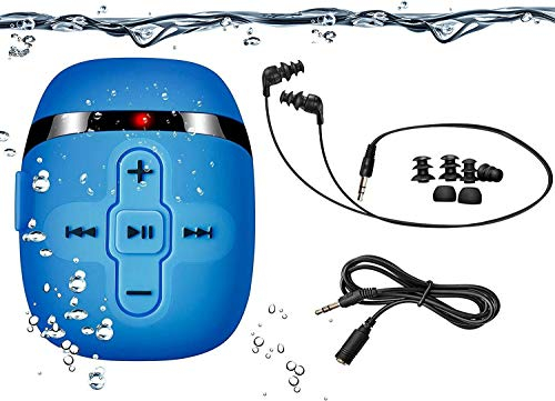 SEWOBYE Lettore MP3 Subacqueo Impermeabile IPX8, HIFI MP3 Subacqueo Nuoto per Nuoto e Corsa, Cuffie Subacquee con Cavo Corto (3 Tipi Di Auricolari), Funzione Shuffle (Blu)