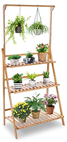3 Layer Bamboo Plant Pots Ladder Shelf, Flower Plant Pots Ladder Rack with Hanging Rod, Bamboo Plant Rack for Outdoor Balcony or Indoor Living Room, Foldable Garden Plant Shelf for Plant Display