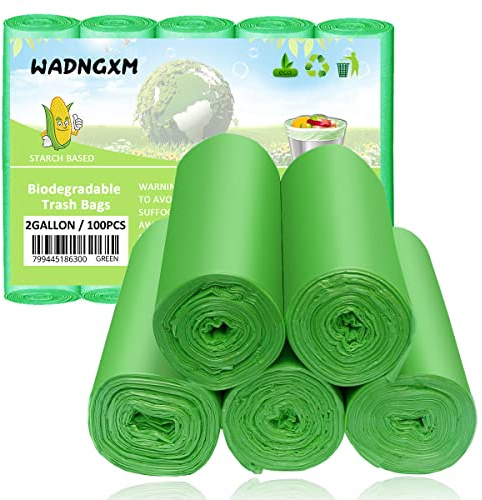 2 Gallon Compostable Trash Bags Small Biodegradable Garbage Bags 7.5 Liters Wastebasket Trash Liners for Bathroom Office Bedroom, Green 100 Counts