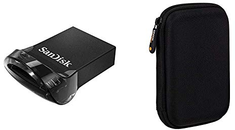 SanDisk Ultra Fit Unità Flash, USB 3.1 da 128 GB con Velocità fino a 130 MB/sec,Tradizionale,Nero,128 GB & Amazon Basics Custodia per Hard Drive esterno