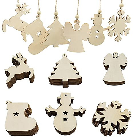 Adornos Navidad Madera,60 Colgantes de Madera para Decoración de Navidad | Adornos de Astillas de Madera DIY,Colgantes y Manualidades para la Decoración de Festival (6 Formas)