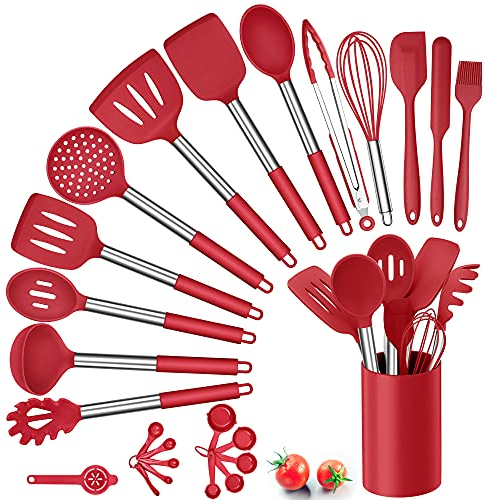 Herogo Set di 25 utensili da cucina in silicone con supporto, set di posate da cucina resistenti al calore, con manico in acciaio inox, antiaderente, set da cucina, contenitore, rosso