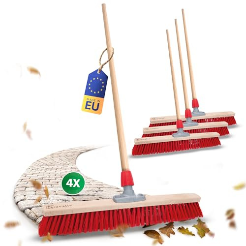 Novaliv 4X Straßenbesen 60 cm mit Holzstiel I Elaston rot I Besen für draußen I Industriebesen Gartenbesen mit Stiel Schneebesen Allzweckbesen Stallbesen Winterbesen