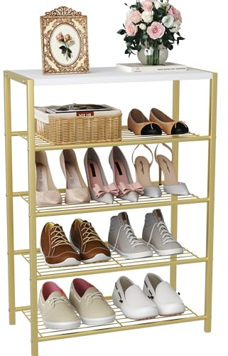 HOMEFORT 5-Tier Shoe Rack, Shoe Storage Shelf, Industrial Shoe Tower, Narrow Shoe Organizer for Closet Entryway, Small Shoe Rack Table with Durable Metal Shelves, Gold