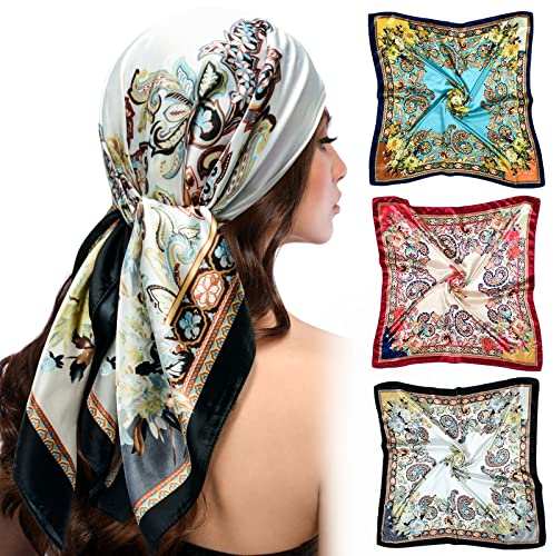 Satin, großes Kopftuch, Seide, Bandana, Halstuch, Haarband, leicht, Satin, Seide, 88,9 cm, für Damen, Weiße Cashew-Blume, 89 cm
