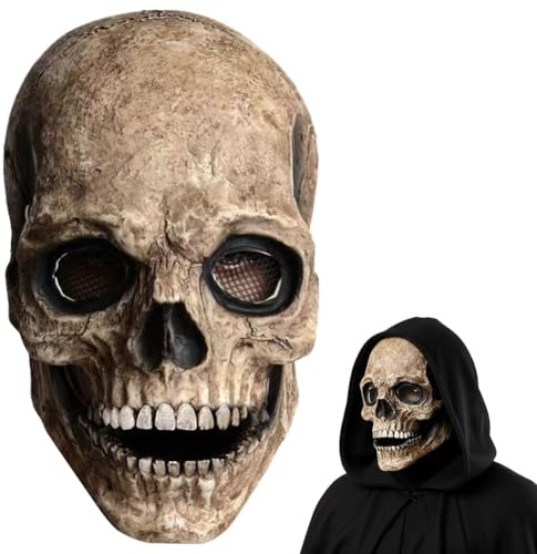 Dlishka Halloween Deko Totenkopf Maske FüR Herren,Horror Voller Kopf,Totenkopf-Maske Mit Beweglichem Kiefer,Realistischer Latex-Helm,Horror Filme Zombie KostüM.