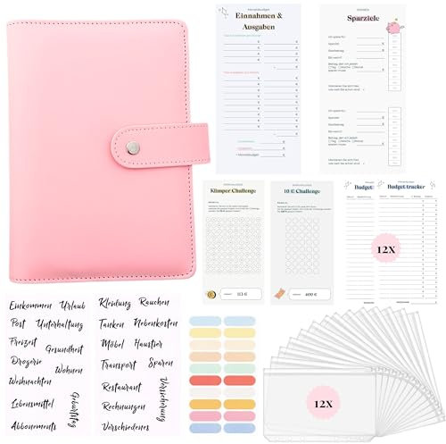 MOSMO Budget Planner Deutsch A6 – PU Leather Finanzplaner, Sparbuch für Geld, Haushalts-Buch zum Eintragen, Geldsparmappe, Budget Binder & Personal Organizer (Rosa)
