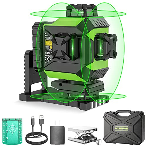 Huepar 4x360 Laser Level Self-leveling 4D Green Beam Cross Line 16 Lines Tiling Floor Laser Tool -2x360 Horizontal/Vertical Laser Lines -rechargeable Li-ion Battery & Integrated Magnetic Bracket 704CG