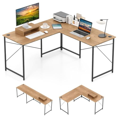 COSTWAY Escritorio de Ordenador en Forma de L, 3 Orificios para Cables, Estante Extra, 2 Formas, Mesa de Trabajo de 2 Personas，Mesa Escritorio Esquina Gaming, 240x60x74,5cm (Natural)