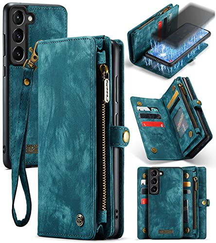 UFinetech för Galaxy S23+ fodral, stötsäker korthållare flip magnetisk avtagbar dragkedja fack plånbok skydd för Samsung Galaxy S23 Plus 5G, reptålig läder TPU stötfångare lyxigt hölster, blå