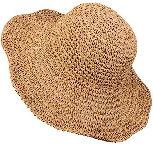 Häkel-Stroh-Sonnenhut für Damen, Schlapphut, Strandhut, weich, groß, faltbar, für Reisen, Sommer, Größe M, Khaki, Medium
