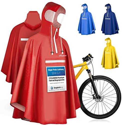 Regenponcho Fahrrad extra wasserdicht und robust - TEST SEHR GUT - Premium Regencape Fahrrad mit Reflektoren, Sichtfenster - Regenbekleidung als Regenponcho Herren und Damen - Regenjacke Rot in L
