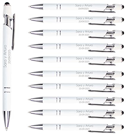 Pack 50 bolígrafos Personalizados con tu nombre o texto | Chrome Blanco | Puntero para dispositivos móviles | Grabado a láser | Lote bolígrafos publicitarios, bodas, comuniones, merchandising