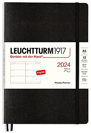 LEUCHTTURM1917 367666 Wochenkalender, Softcover, Medium (A5) 2024, 12 Monate, Schwarz, Englisch